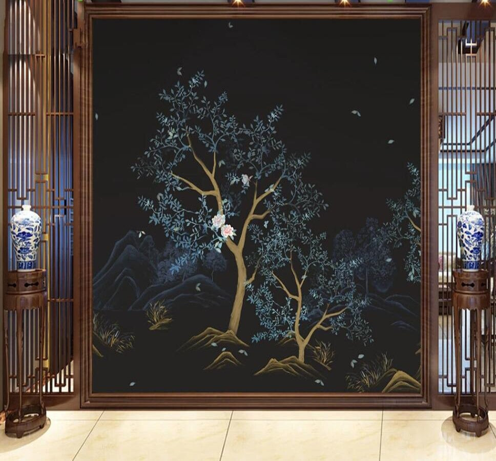 twilight night illuminated blue sky floral woodland mural