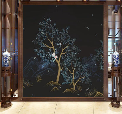 Twilight Night Illuminated Blue Sky Floral Woodland Mural