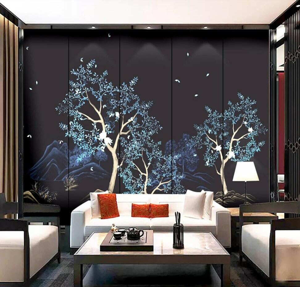 twilight night illuminated blue sky floral woodland mural