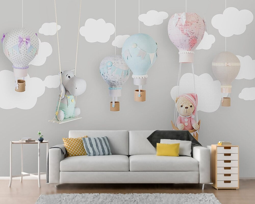 grey and white clouds hot air balloon mural wallpaper