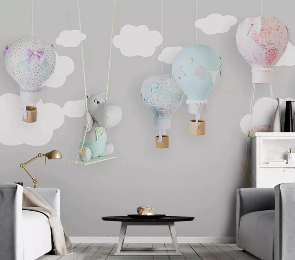 grey and white clouds hot air balloon mural wallpaper