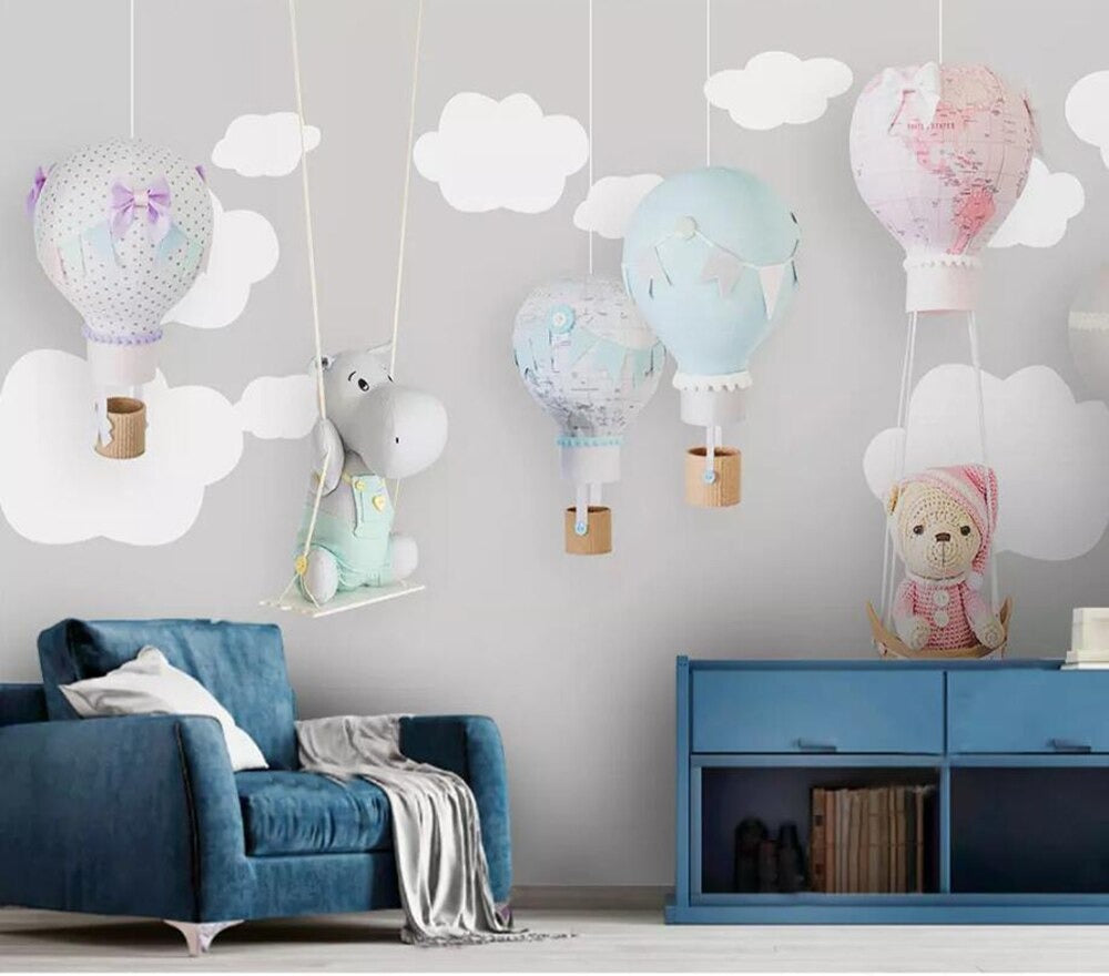 grey and white clouds hot air balloon mural wallpaper