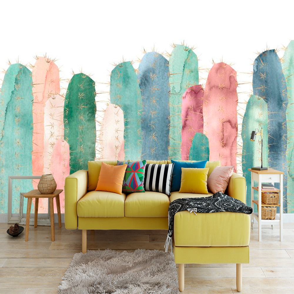 urban colourful cactus bedroom mural