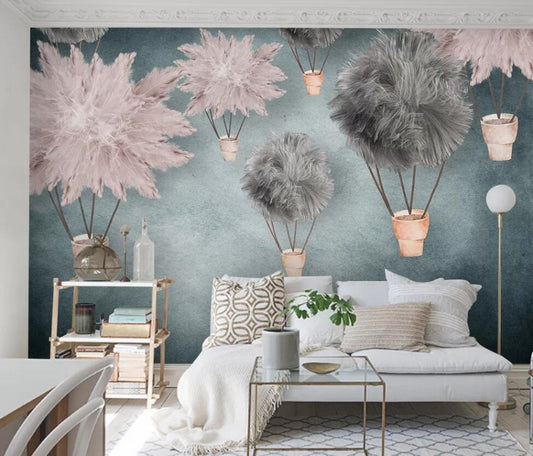 Pink and Grey Feathered Balloons Mural Wallpaper