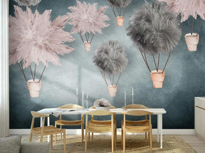 Pink and Grey Feathered Balloons Mural Wallpaper