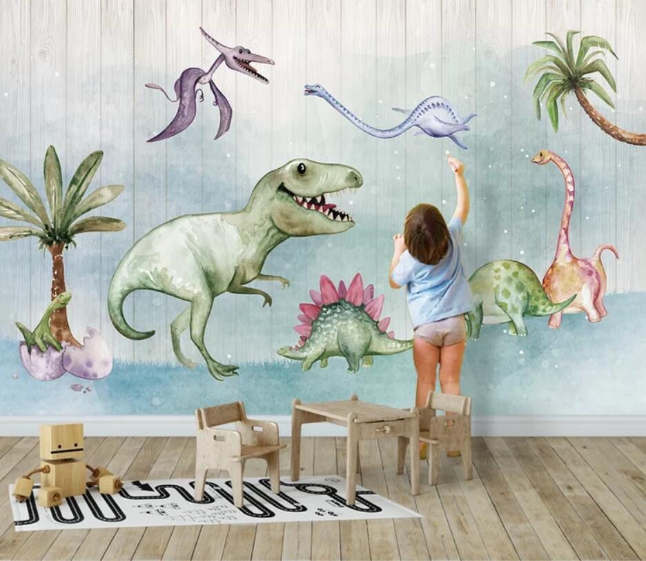 cute nursery dinosaur friends mural wallpaper