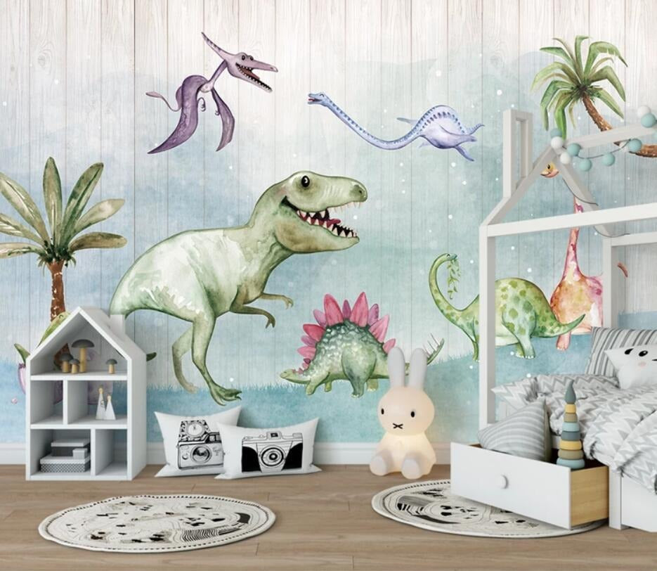 cute nursery dinosaur friends mural wallpaper