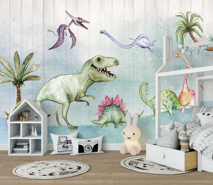 Cute Nursery Dinosaur Friends Mural Wallpaper