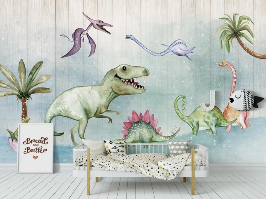 cute nursery dinosaur friends mural wallpaper