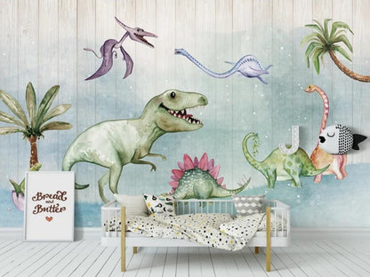 Cute Nursery Dinosaur Friends Mural Wallpaper