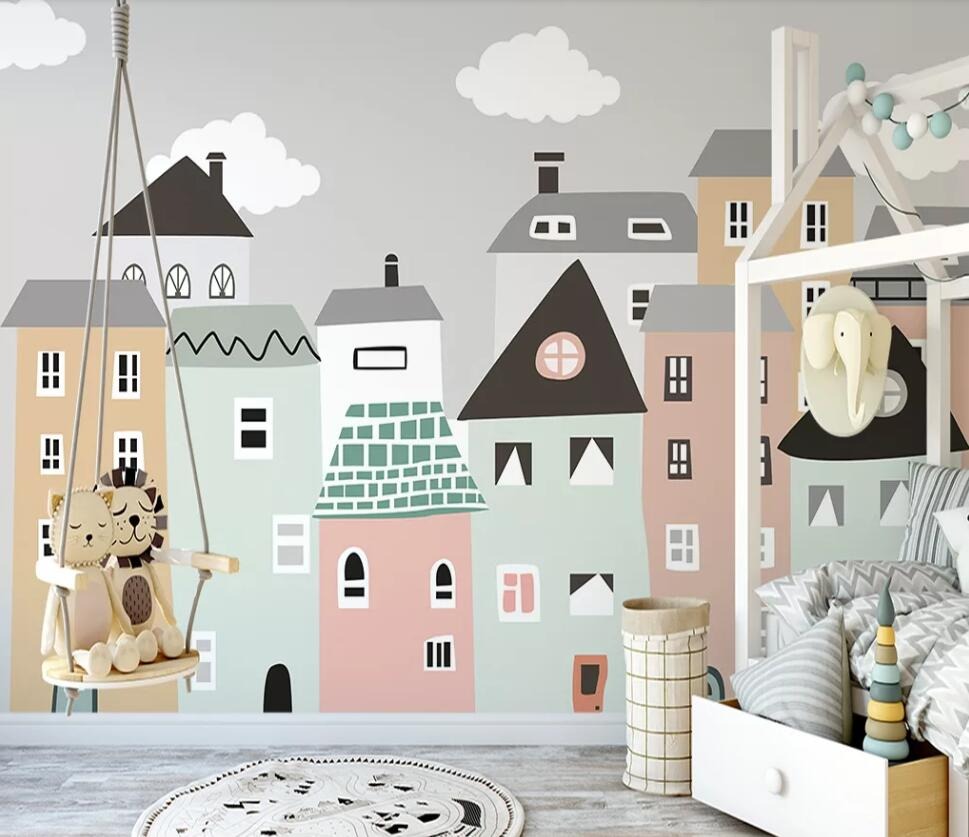 cartoon mini coloured town children's mural wallpaper