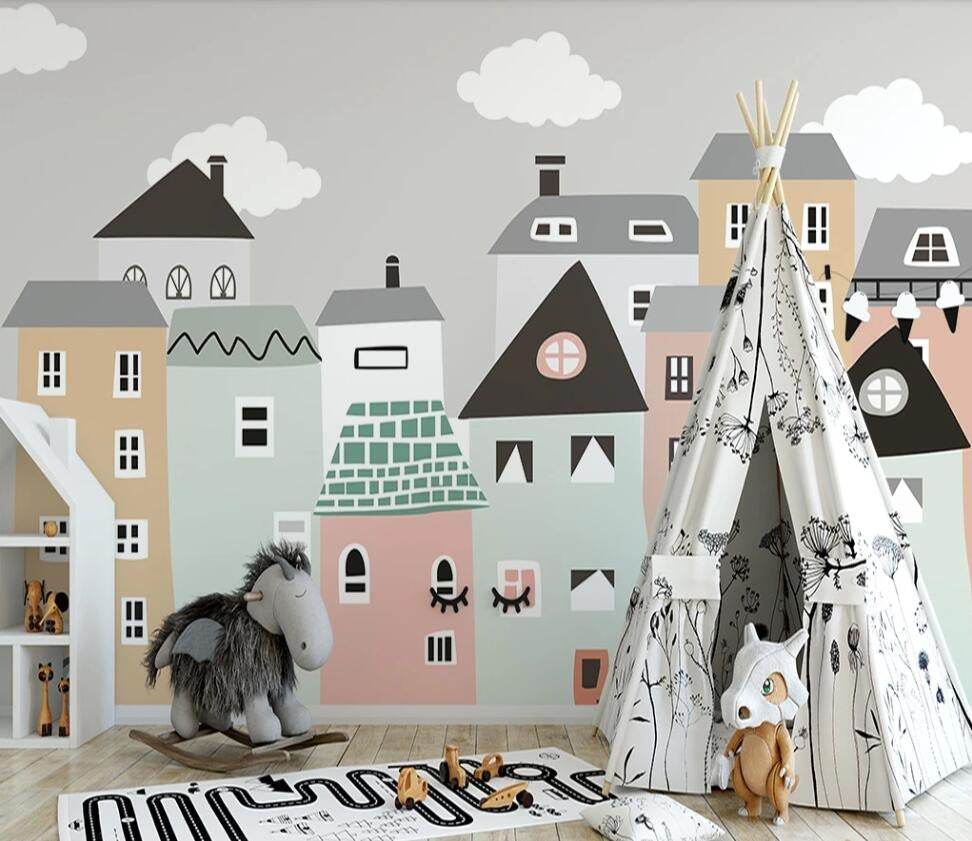 cartoon mini coloured town children's mural wallpaper