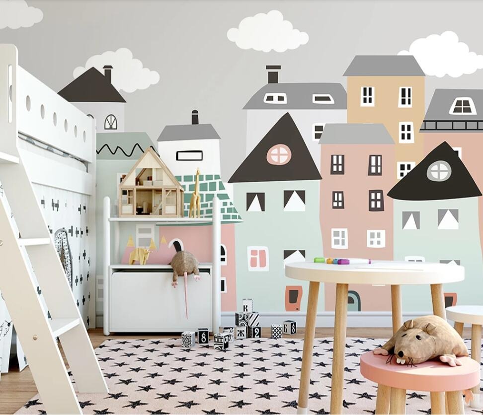 cartoon mini coloured town children's mural wallpaper