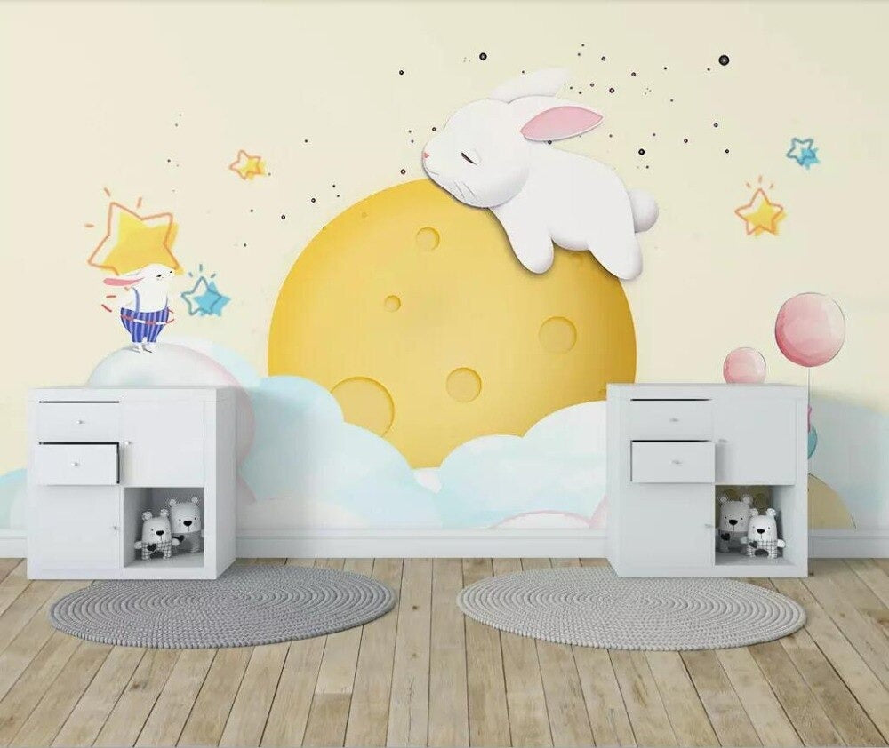 cute bunny on the moon mural wallpaper