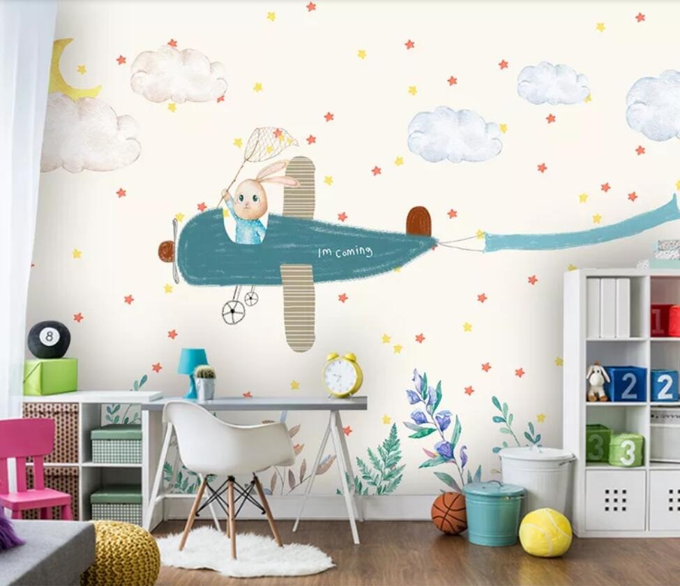 flying airplane bunny rabbit children's mural wallpaper