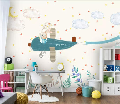 Flying Airplane Bunny Rabbit Children's Mural Wallpaper