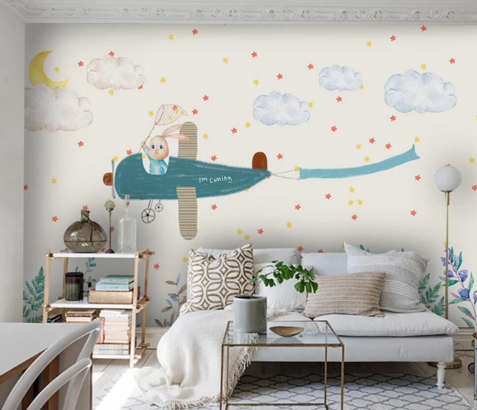 flying airplane bunny rabbit children's mural wallpaper