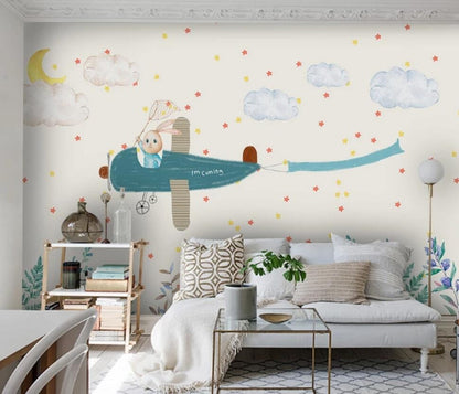 Flying Airplane Bunny Rabbit Children's Mural Wallpaper