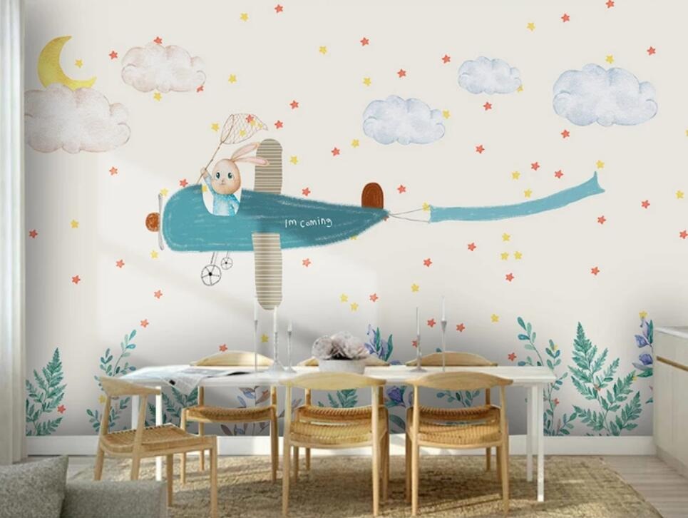 flying airplane bunny rabbit children's mural wallpaper