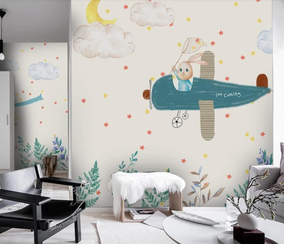 flying airplane bunny rabbit children's mural wallpaper