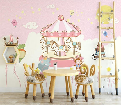 Unicorn Merry Go Round Circus Girls Mural Wallpaper